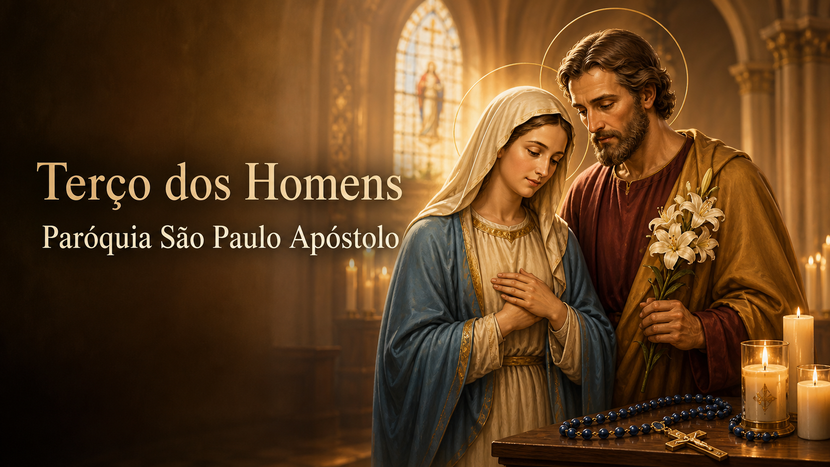 Nossa Senhora e São José em uma igreja com terço e velas